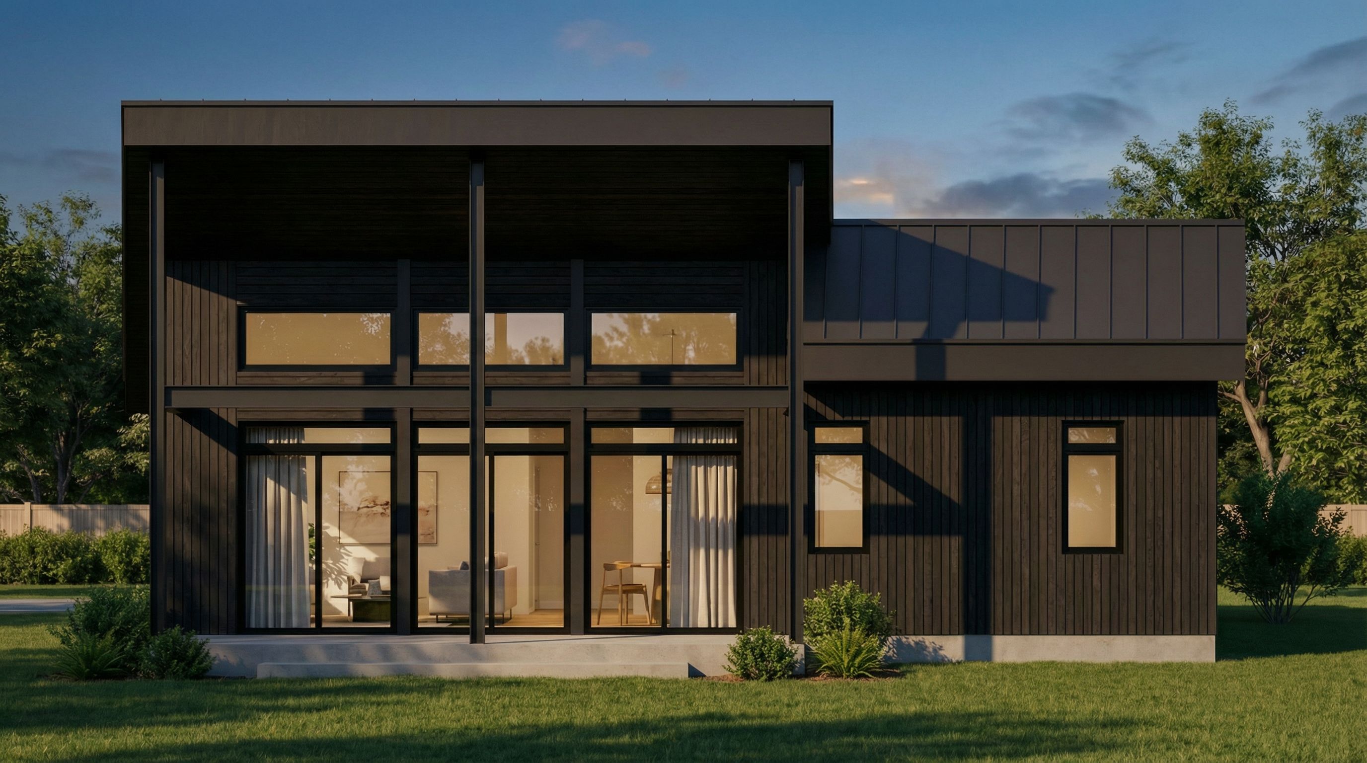 Single-storey modern custom home rear elevation render — dark timber cladding and full-height glazing, Victorian Drafting and Design Melbourne.