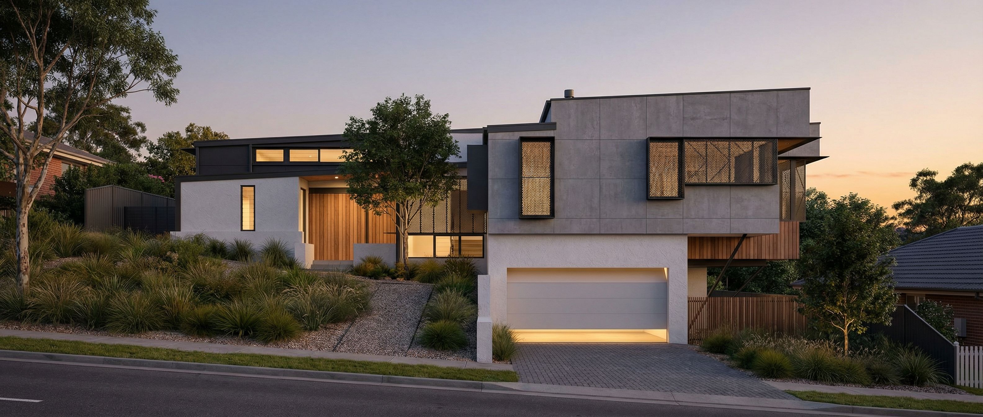 Sloping-site contemporary residence front elevation render — concrete and timber facade with under-croft garage, Victorian Drafting and Design Melbourne.
