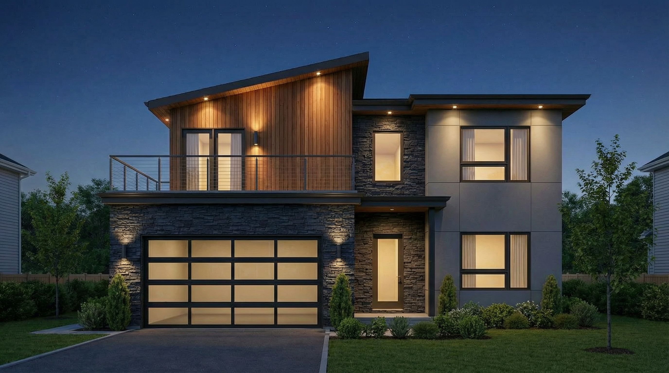 Two-storey contemporary custom home concept render at dusk — Victorian Drafting and Design, Melbourne.